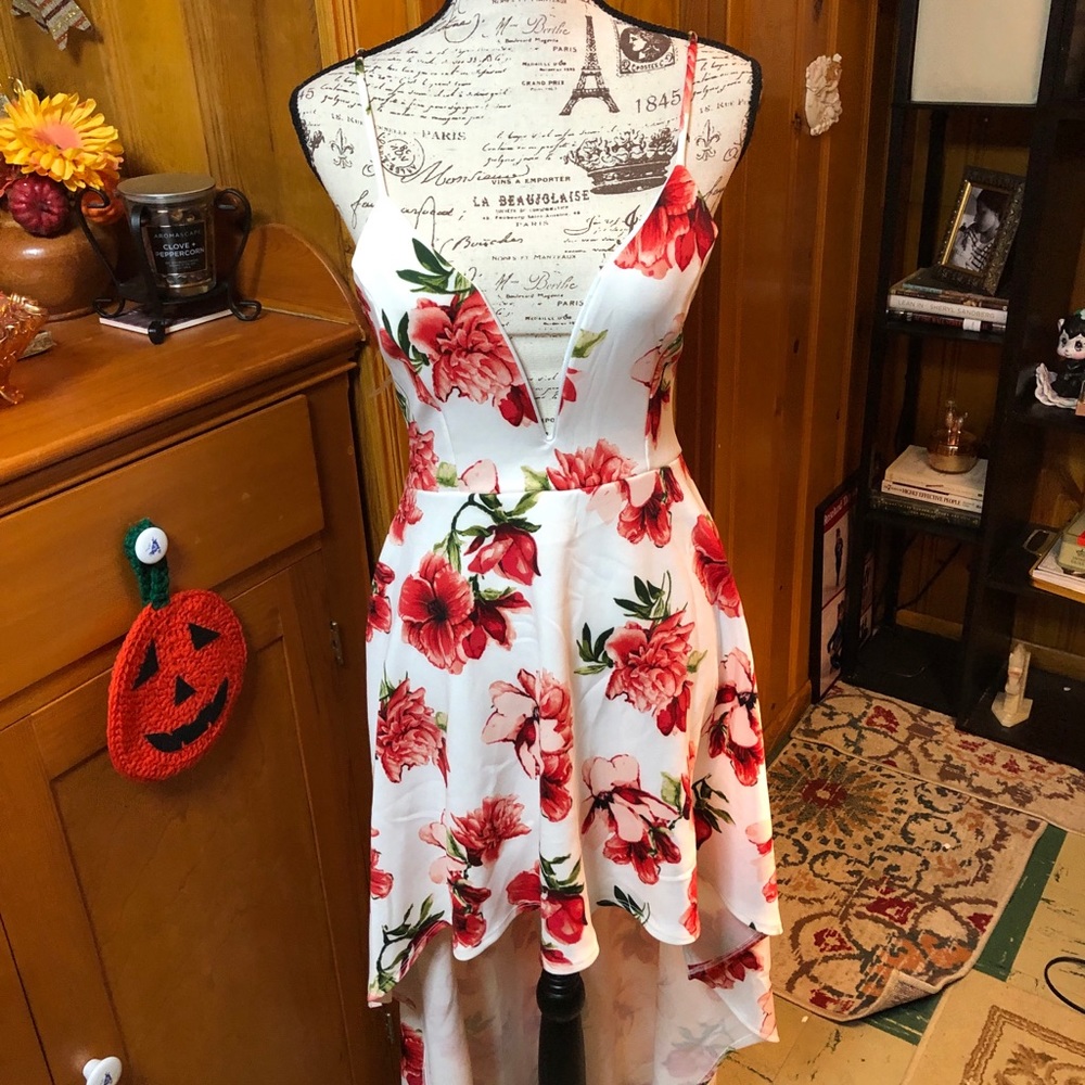 Floral Halter Hi-Low Dress with tie-back